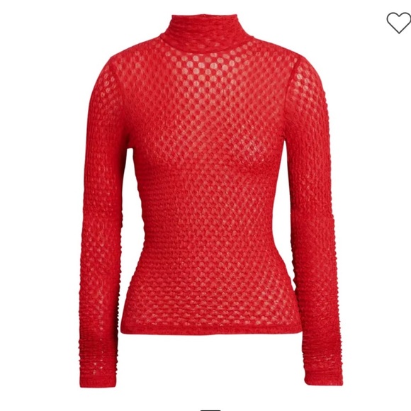 🌻NEW w/o tags FRAME Cherry Red Mesh Stretch Lace Turtleneck Top Size Medium - Picture 2 of 13